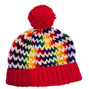 Handmade Rainbow Pom Pom Beanie Crochet Knit Winter Hat - unworn NWOT